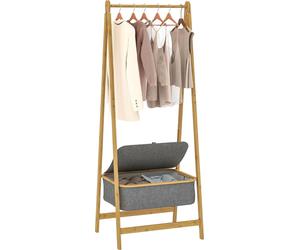 Porte-manteau - Bambou - Pliable - Panier à linge en tissu avec couvercle - 60 x 44,5 x 157,5 cm - Gris
