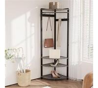 Porte-Manteau d’Angle 3 en 1 - Cadre Métal Noir + Étagère Gris - Crochets, Tringle, Rangement Chaussures - H180 cm