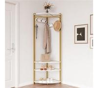 Porte-Manteau d’Angle Multifonction - Métal Doré + Bois - 3 en 1 avec Crochets, Tringle, Étagères - H180 cm
