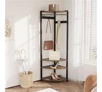 Porte-Manteau d’Angle Multifonction - Métal Noir + Bois - 3 en 1 avec Crochets, Tringle, Étagères - H180 cm