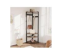 Porte-Manteau d'Angle Multifonction - Métal Noir + Bois - 3 en 1 avec Crochets, Tringle, Etagères - H180 cm