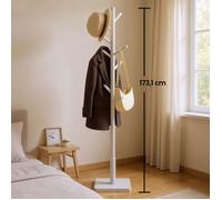 Porte-manteau, Portant à Vêtements en Bois, Support sur Pieds avec 8 Crochets, pour Manteaux, Chapeaux, Bois d'Hévéa, Blanc