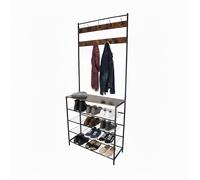 Porte-manteau Relaxdays, 4 étagères à chaussures, 2 barres à crochets, vestiaire 190 x 80 x 30 cm, métal, noir/brun