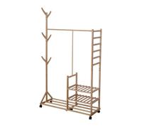 Porte-manteau Relaxdays bambou, 4 niveaux, tringle, 6 crochets, HxLxP:176x100x38 cm, penderie roulante, naturel