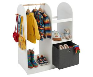 Porte-manteau Relaxdays pour enfants, 3 crochets, tringle à vêtements et bac de rangement, H x l x P : 108 x 97 x 35 cm, chambre d'enfant, blanc