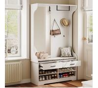 Porte Manteau - Vestiaire 180 cm - Meuble d’Entrée - Banc à Chaussures - Miroir Intégré - 4 Crochets - 2 Tiroirs - Style moderne