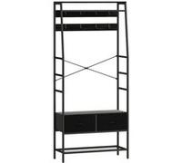 HomCom Porte-manteau meuble d'entrée 2 tiroirs en tissu, étagère, 8 crochets, 80×30×180,5 cm noir