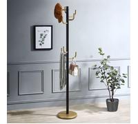 IDIMEX Porte-Manteaux Mila Portant pour vêtements sur Pied Hauteur 174 cm Socle Rond et 8 Crochets, Meuble d'entrée en métal laqué Noir et Or doré
