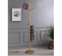 Porte-manteaux MILA portant pour vêtements sur pied hauteur 174 cm socle rond et 8 crochets, meuble d'entrée en métal laqué or