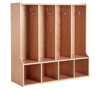 Porte-manteaux pour enfants à 4 compartiments, rangement en bois pour tout-petits avec 8 crochets et tapis antidérapant, porte-manteaux moderne pour enfants avec 4 petites boîtes de rangement ouvertes