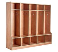 Porte-manteaux pour enfants à 5 compartiments, rangement en bois pour tout-petits avec 10 crochets et tapis antidérapant, porte-manteaux moderne pour enfants avec 10 petits bacs de rangement ouverts,