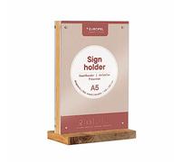 Porte-menu de table A5 portrait en chêne, double face, plaques aimantées | Socle et dos en bois massif, 8 aimants, 2 protections transparentes en polystyrène, insert 148 x 210 mm, pour comptoir