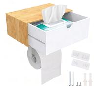 Porte-papier hygiénique avec distributeur de lingettes humides, adhésif, en bambou et acier inoxydable, fixation murale sans perçage, porte-papier hygiénique avec tablette pour la salle de bains, la c