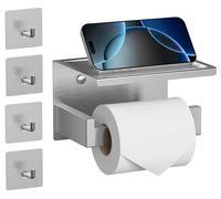Porte-papier hygiénique sans perçage avec 4 crochets adhésifs, en acier inoxydable, porte-papier hygiénique autocollant avec tablette, support pour rouleaux de papier hygiénique, fixation murale avec