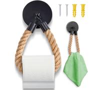 HENNEZ Porte Papier Toilette Mural avec Percage - Support Papier Toilette Noir - Style Industriel Deco Toilette avec Corde de Jute - Porte Papier Toilette Bois - Support Papier Toilette Mural