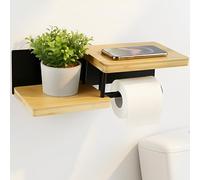 Porte Papier Toilette Mural en Bois de Bambou Derouleur Papier Toilette de Haute qualité sans Percage avec étagères Noir Porte Rouleaux de Papier Toilette