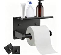 Porte Papier Toilette Mural ou Auto-Adhésif, Support Papier Rouleau WC Acier Inoxydable avec Etagère, Derouleur Papier Toilette avec 2 Crochets, Distributeur Papier Percage sans pour Salle Bain(Noir)