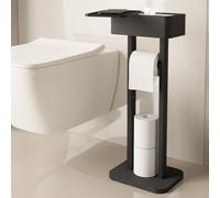 Porte-papier toilette sur pied 4-en-1 avec compartiment de rangement, porte-papier toilette en bambou, noir, porte-papier toilette avec compartiment pour lingettes humides, support de bureau temporair