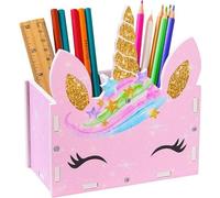 Porte-pinceaux de maquillage Unyqoos® en forme de licorne et organisateur de bureau, rose – pour enfants, en bois et plastique avec une plaque en PVC légère, 17,5 x 15 x 8,2 cm, 2 compartiments, const