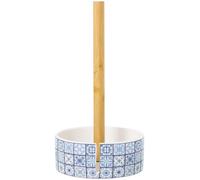 Porte-rouleau de papier toilette en bois avec socle en céramique, bleu, motif mosaïque, 14 x 32 cm