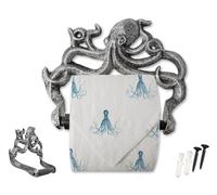 Porte-Rouleau de Papier Toilette en Fonte en Forme de Pieuvre - Décoration de Salle de Bain Nautique - Installation Facile - Argent et Noir
