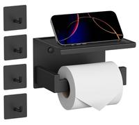Porte-rouleau de papier toilette sans perçage avec 4 crochets adhésifs, en acier inoxydable, autocollant, avec tablette, support pour rouleaux de papier toilette, fixation murale avec adhésif pour sal