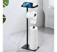 Porte-rouleau de papier toilette sur pied – Porte-rouleau de papier toilette noir sur pied avec tablette, porte-rouleau en acier inoxydable de haute qualité, pouvant accueillir 4 rouleaux, socle stabl