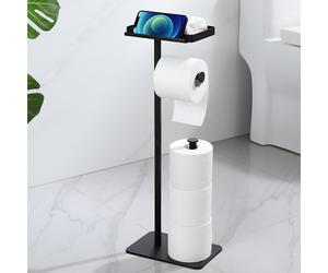 Porte-rouleau de papier toilette sur pied – Porte-rouleau de papier toilette noir sur pied avec tablette, porte-rouleau en acier inoxydable de haute qualité, pouvant accueillir 4 rouleaux, socle stabl