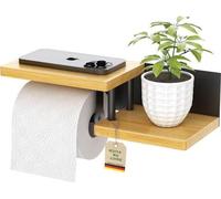 Porte-rouleau en bambou sans perçage – avec tablette – noir – Porte-rouleau avec possibilité de fixation adhésive ou par perçage