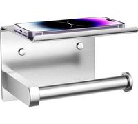 Porte-rouleau Tindbea avec support pour téléphone, fixation murale à l'aide d'adhésif ou de vis, distributeur multifonctionnel pour salle de bains en acier inoxydable (nickel brossé)