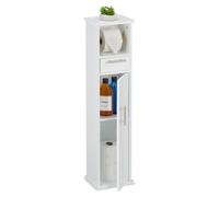 Porte-rouleau WC sur pied - Meuble de rangement étroit - 2 compartiments et tiroir - Blanc et argent - Pour petite salle de bain