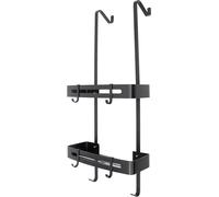 Porte-savon de douche - Panier de douche suspendu - Sans perçage - S'adapte aux portes jusqu'à 5 cm d'épaisseur - 2 niveaux - 6 crochets (dont 4 mobiles) - 32,5 × 12,5 × 73 cm - Aluminium - Noir