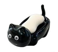Porte-savon en forme de chat pour évier de salle de bain, design auto-drainant avec trous, décoration animale mignonne pour comptoir de cuisine, plateau en plastique noir ou blanc (noir)