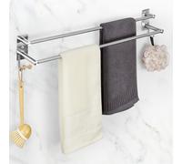 Porte Serviette Salle de Bain sans Perçage 60CM Porte Serviette Double INOX Barre Porte Serviettes Murale Autocollant avec Crochets Support Serviette Salle De Bain Cuisine Hôtel (2 Couches, Argente)