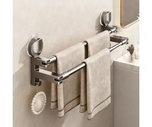 Porte Serviette Ventouse avec 2 Crochets, Pivot 180° et Longueur réglable | Porte-serviettes double autoadhésif à ventouse, porte-serviettes mural, douche, cuisine, salle de bain - Gris bronze