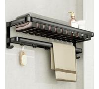 Porte-serviettes 2 en 1 sans perçage avec tablette, porte-serviettes d'invités autocollant, porte-serviettes de bain mural en acier inoxydable brossé, montage mural, couleur argent, pour salle de bain