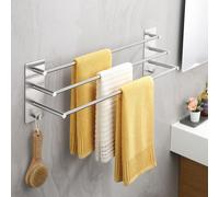 Porte-serviettes à 3 bras, autocollant, 60 cm, en acier inoxydable SUS304, fixation murale pour salle de bains et cuisine, sans perçage, argent