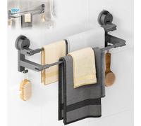 Porte-serviettes à ventouse sans perçage, double barre pour paroi de douche, sans colle, avec 2 crochets et longueur réglable, pour porte de cuisine, gris foncé, 41-75 cm