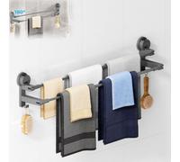 Porte-serviettes à ventouse sans perçage, double barre pour paroi de douche, sans colle, avec 2 crochets et longueur réglable, pour porte de cuisine, gris foncé, 64-125 cm
