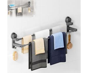 Porte-serviettes à ventouse sans perçage, double barre pour paroi de douche, sans colle, avec 2 crochets et longueur réglable, pour porte de cuisine, gris foncé, 64-125 cm