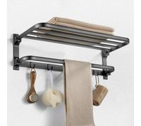Porte-serviettes à visser, gris, 58 cm, porte-serviettes mural pliable, porte-serviettes avec 5 crochets, étagère à serviettes avec tablette pour salle de bains et cuisine, porte-serviettes pour salle