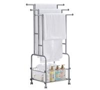 Porte-serviettes autoportant sur roulettes, avec 3 barres et un panier, couleur gris