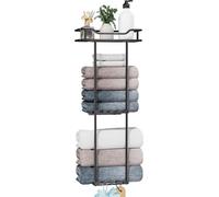 Porte-serviettes avec panier - Étagère murale organisateur - Rangement pour salle de bain - Fixation sans perçage - 32x14x76 cm - Noir