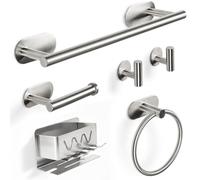 Porte-serviettes barre à serviettes ensemble salle de bain - 6 pièces - Argent - Fixation adhésive sans perçage