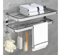 Porte-serviettes de salle de bain 23 pouces, barre murale pliable en acier inoxydable, porte-serviettes à 2 niveaux avec crochets, porte-serviettes multifonctionnel pour salle de bain, cuisine, salle 