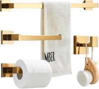 Porte-serviettes de salle de bain Ari, ensemble 30 cm, montage mural facile, finition dorée brillante, 4 pieces, accessoires inclus