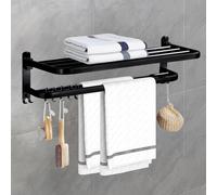 Porte-serviettes de salle de bain, barre murale pliable en acier inoxydable avec crochets, porte-serviettes multifonction pour salle de bain, cuisine, salle d'eau et toilettes (noir, 48 cm)