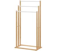 Porte-serviettes en bambou - Support de serviettes autonome pour salle de bain - 2 barres - Avec étagère - Surface en bois lisse - 48x25,8x94 cm