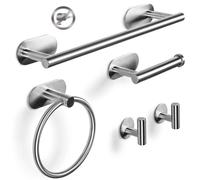 Porte-serviettes ensemble salle de bain - 5 pièces - Argent - Autocollant sans perçage - Pour salle de bain, cuisine et chambre