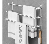 Porte-serviettes extensible 43-74 cm, sans perçage, en acier inoxydable, double barre, à fixer au mur, pour salle de bain (argent, 3 barres)